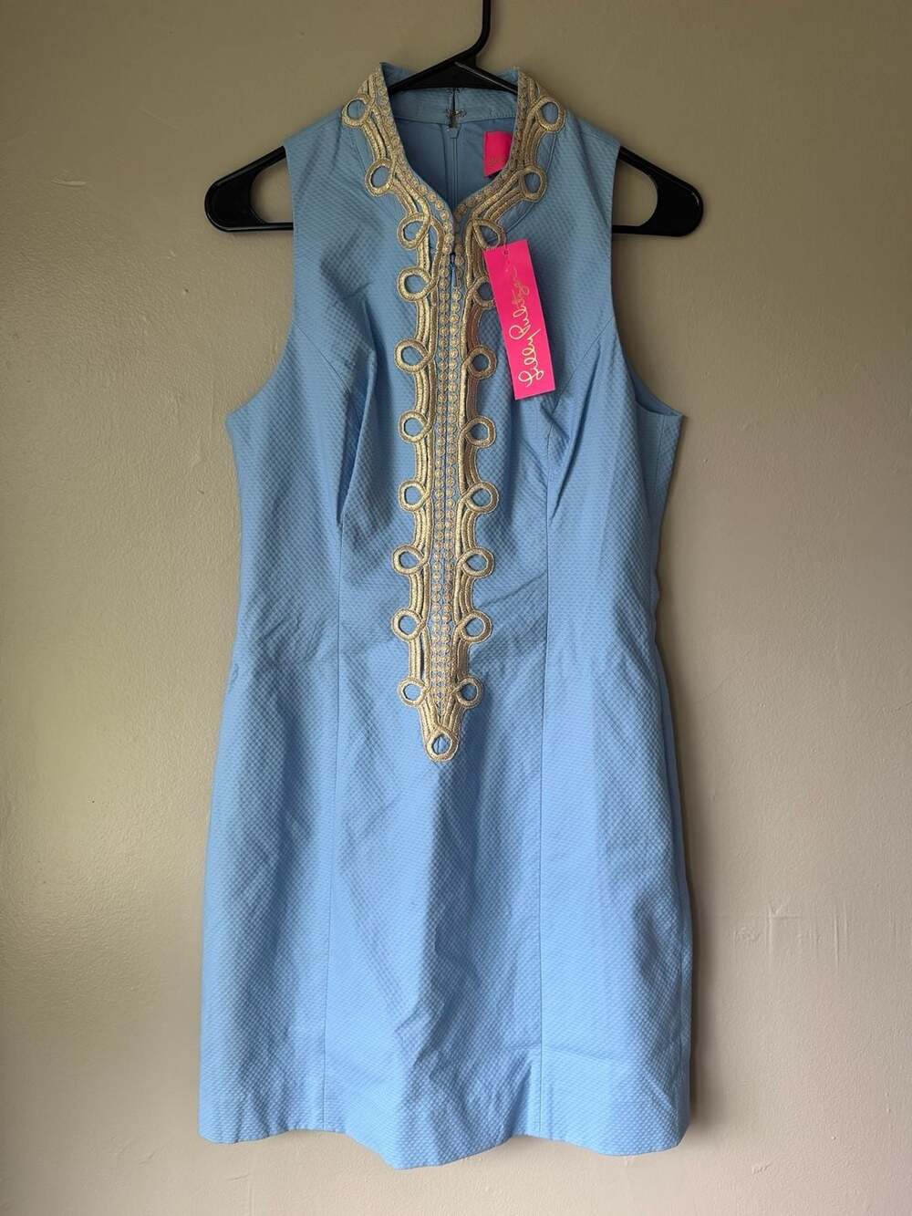 Lilly Pulitzer Alexa Stretch Shift Dress in Blue Peri with Gold Embroidery t3